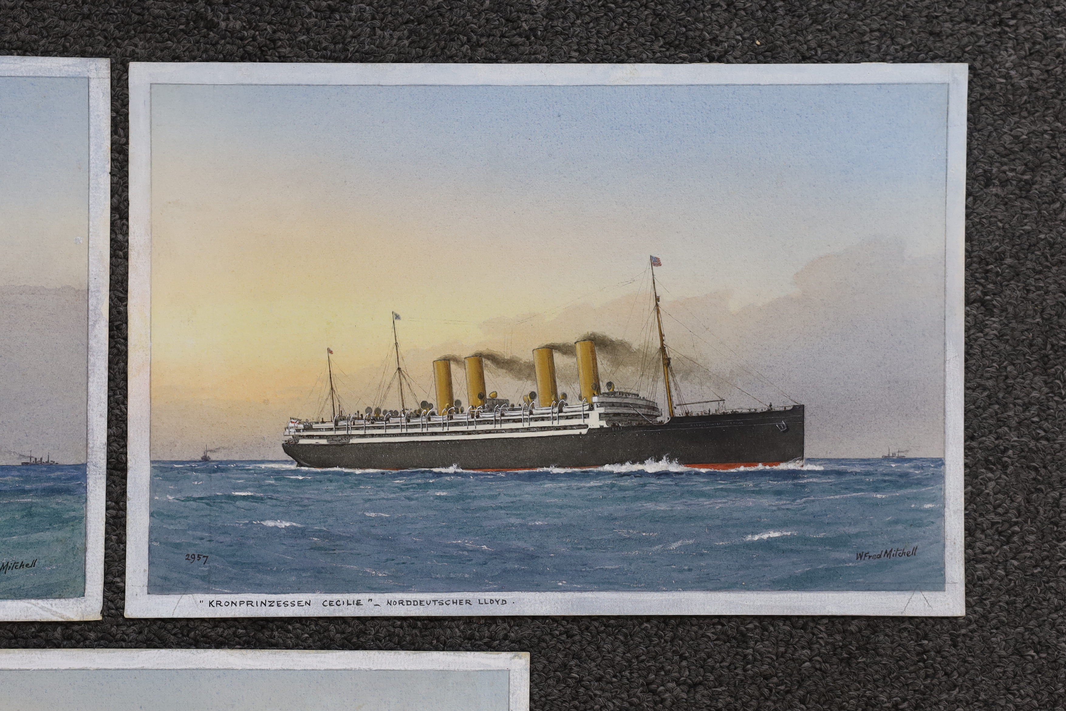 William Frederick Mitchell (1845-1914) set of three watercolours on card, Ocean Liners - Lusitania, Kronprinzessen Cecilie and Kaiserin Auguste Victoria, each signed and inscribed, 26 x 17cm, unframed